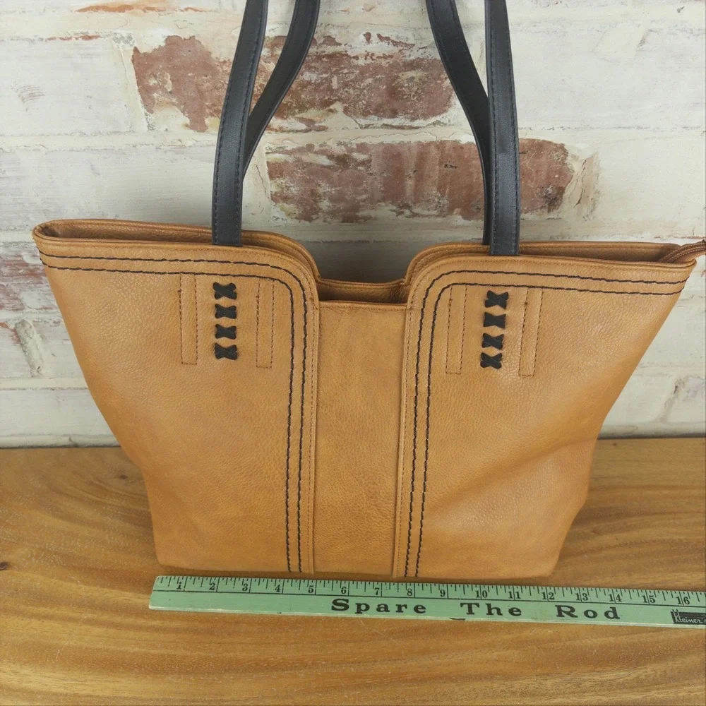 Montana West Tote Bag Camel Whipstitch Western Boho Purse Black Straps Gold Tone